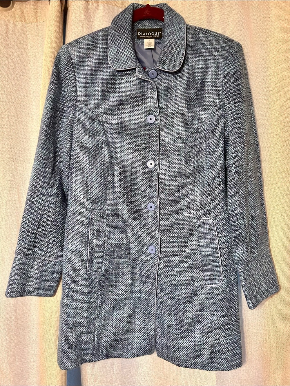 Dialogue Women's Blue Tweed Lined Trench Type Coat Size 8